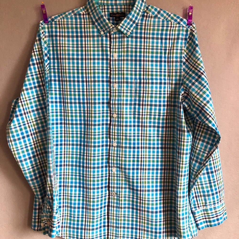 Club Room Men's Teal/Green Plaid shirt (L)